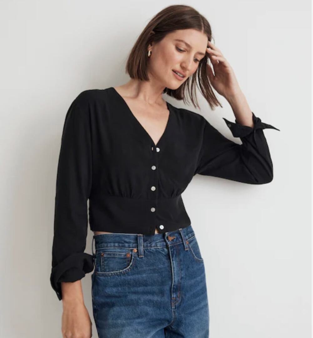 Madewell Lusterweave V-Neck Button Front Shirt Womens M Black Cropped NO457 - Picture 1 of 9